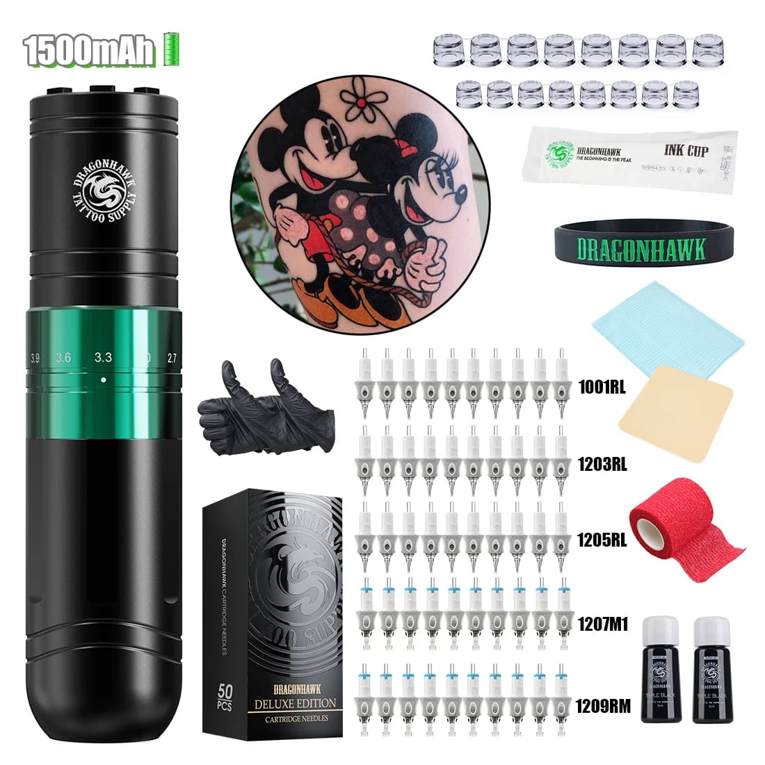 Dragonhawk Dragonhawk Kit completo di pistola per tatuaggi Kit completo di penna per macchinetta per tatuaggi wireless Kit completo Set rotante a 7 colpi Forniture per trucco artistico