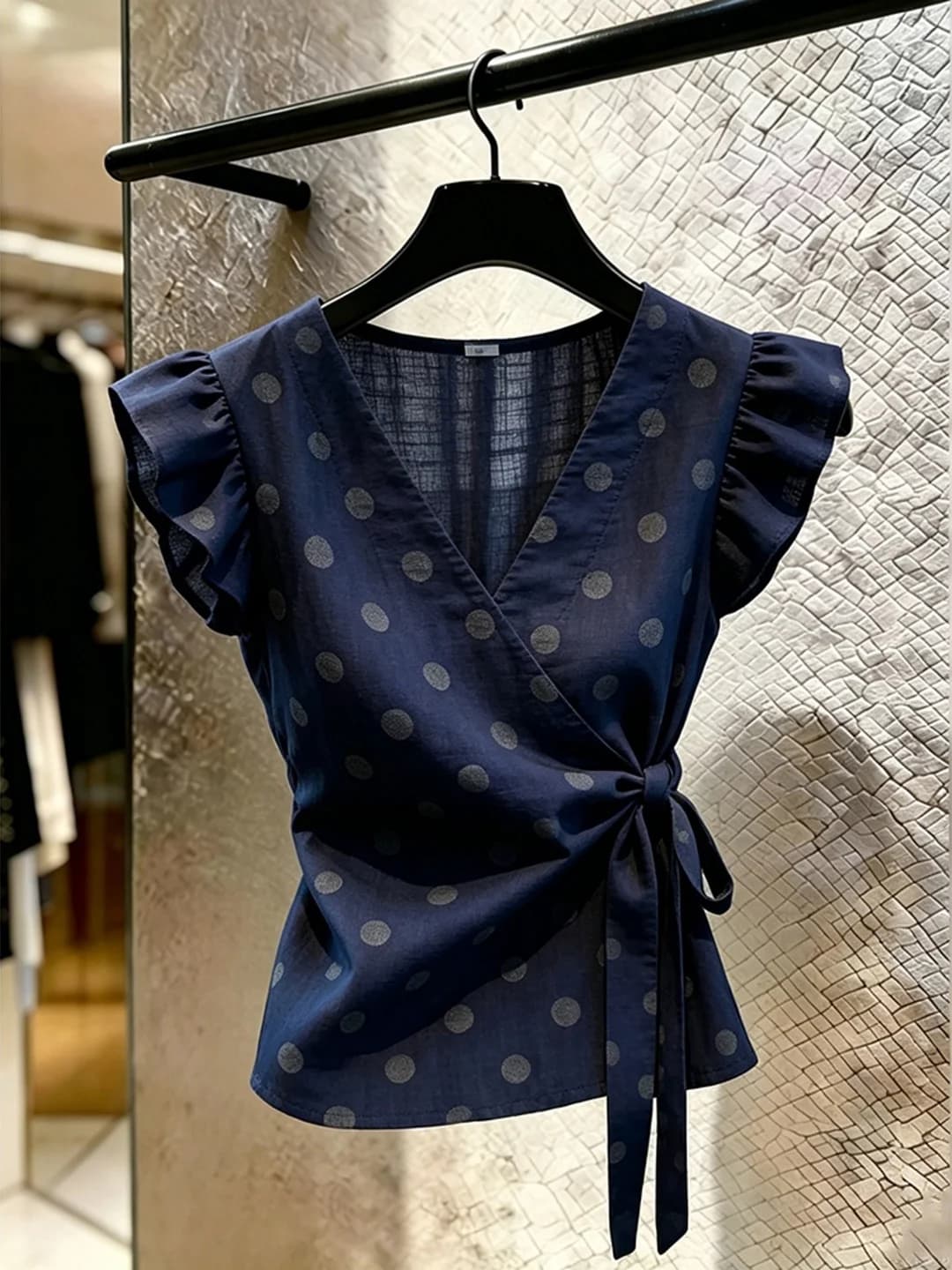 Elegant Polka Dot Women's Top with Lace Sleeves And Belt Design Summer 2026 French Style Shirt Breathable Short Sleeve V-Neck