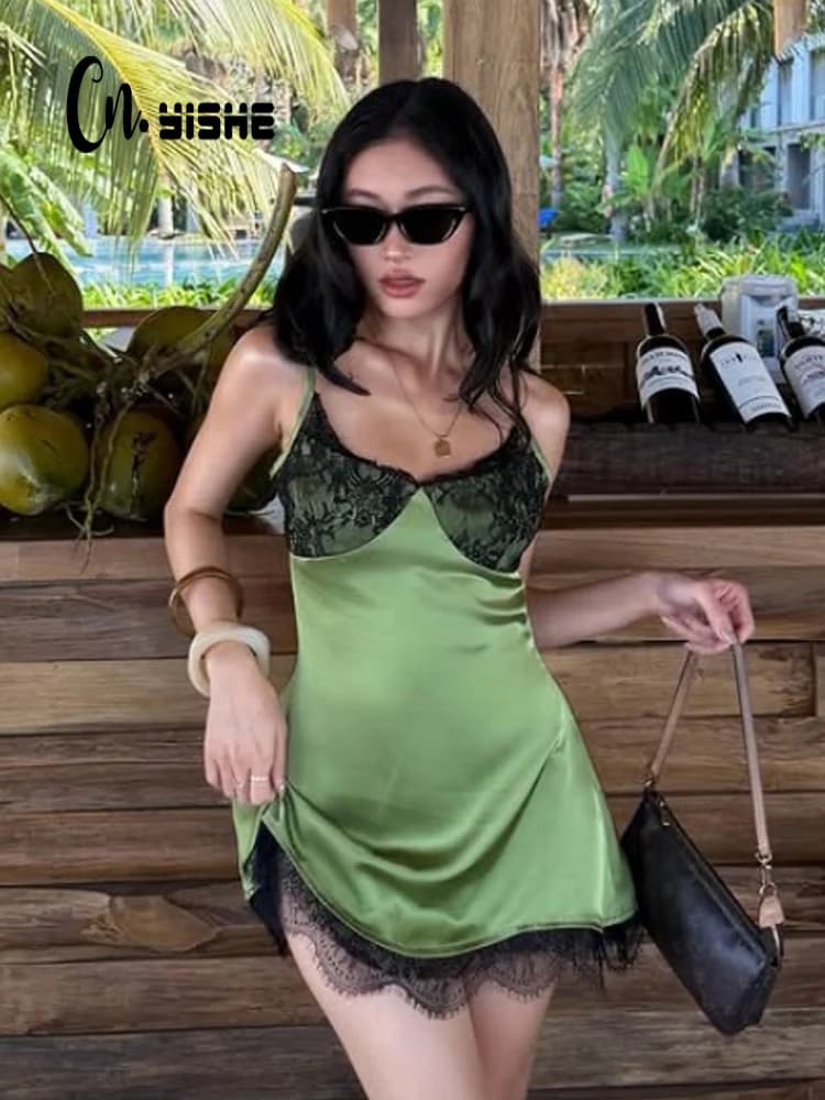 CNYISHE Sheath Lace Patchwork Camisoles Casual Sexy Clubwear Women Mini Dresses Summer Pajams Bodycon Chic Hot Girl Party Robes