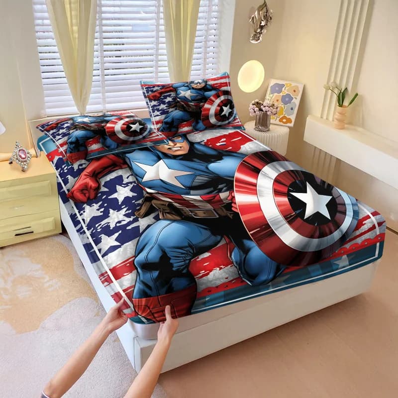 Set di 3 Pezzi Lenzuola con Angoli Captain America Marvel, Biancheria da Letto Supereroe con Federe, Tasche Profonde, Stile Fumetto, Decorazione per Stanza dei Fan