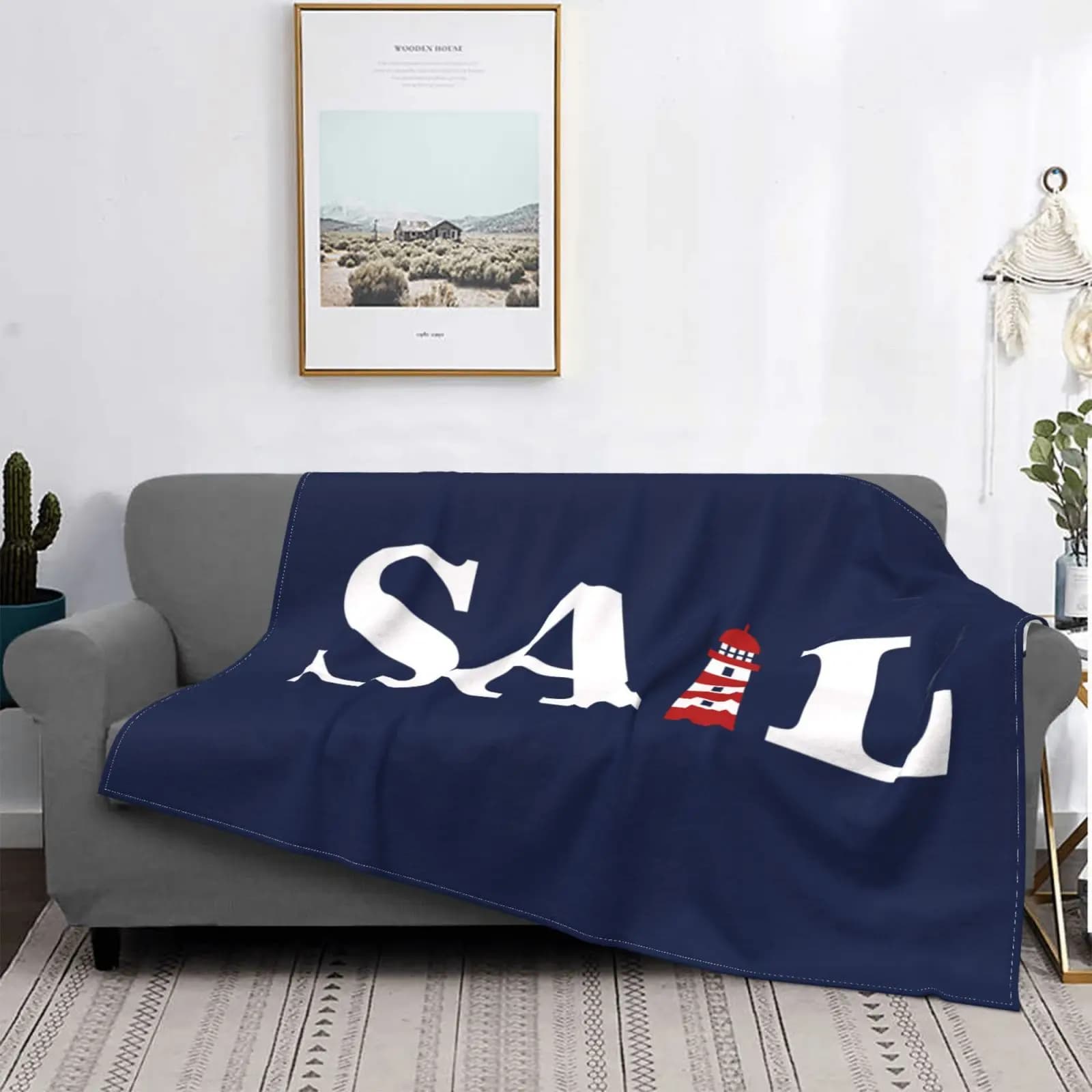 Blu tappezzeria nautica faro balena coperta morbida flanella coperta letto coperta pausa pranzo coperta divano coperta personalizzabile
