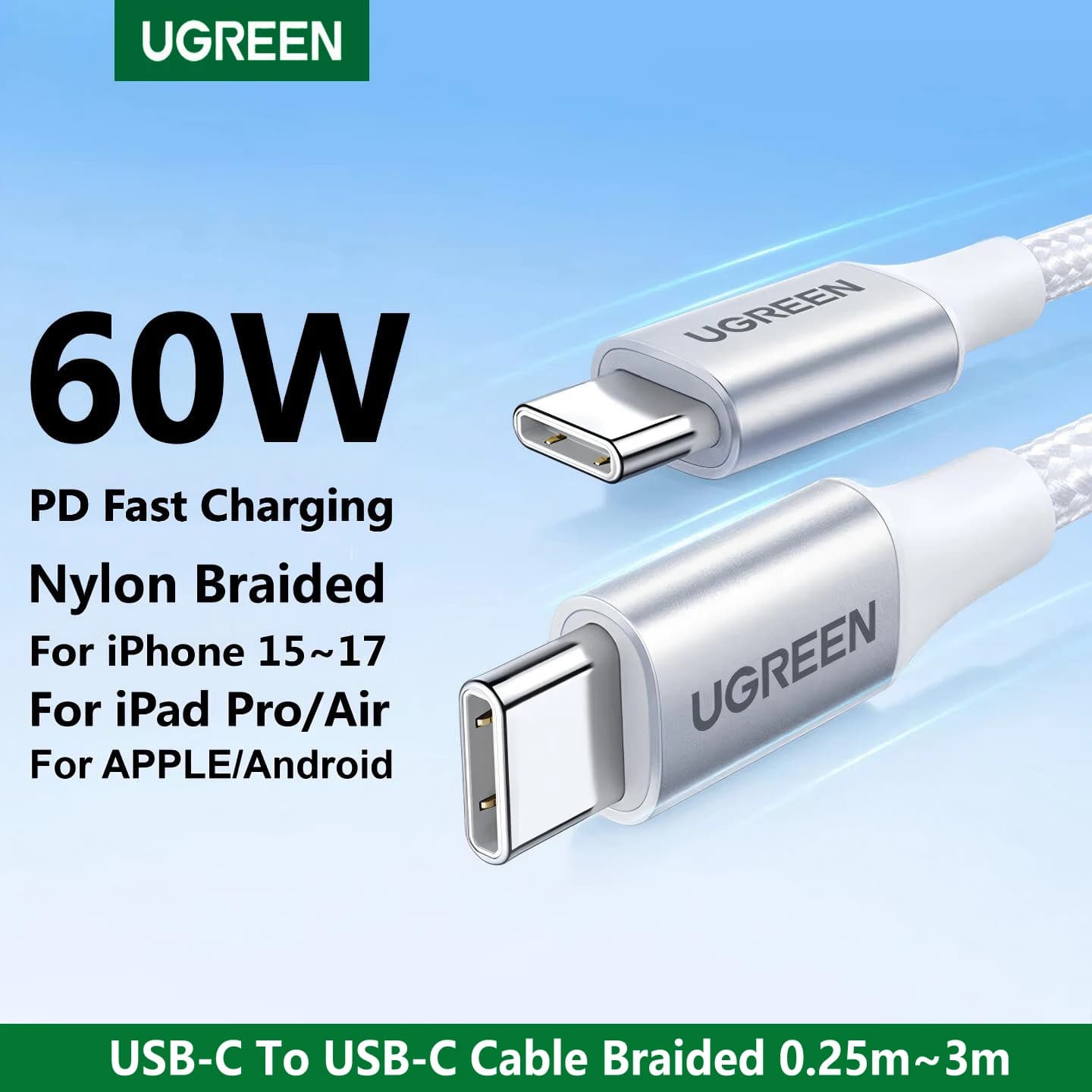 UGREEN 60W 100W USB C To Type C Cable Braided PD Fast Charging For Samsung APPLE iPad iPhone 17 Macbook Charger Android Long 3m