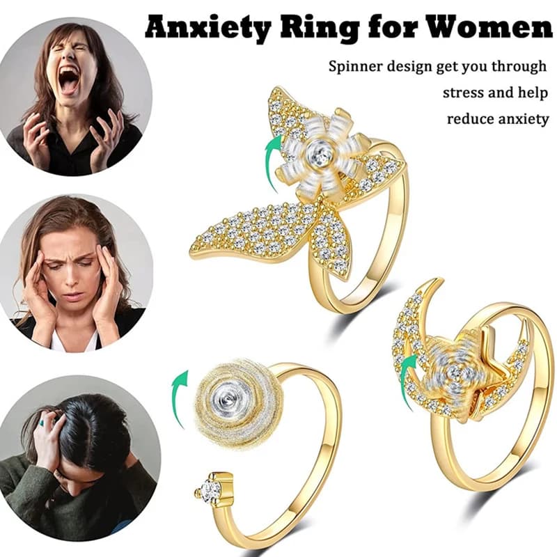 SMJEL Anelli Girevoli Antistress Girasole per Donna, Anello Aperto Regolabile con Fidget Spinner, Simpatico Anello a Farfalla Antistress