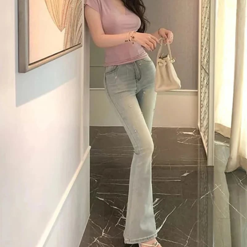 Women's jeans Sexy denim pants embroidered with belly control for women Chic and elegant wide glossy Emo pants for sale in the '90s