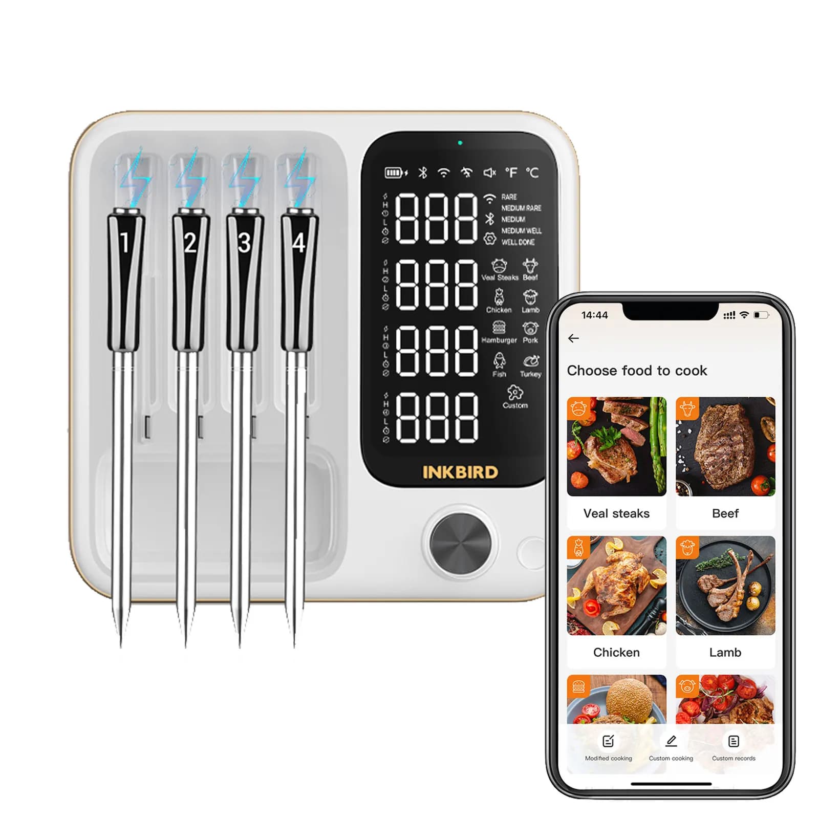 Termometro per carne Bluetooth wireless INKBIRD con 4 sonde LCD full view con retroilluminazione Termometro impermeabile IP67 per barbecue