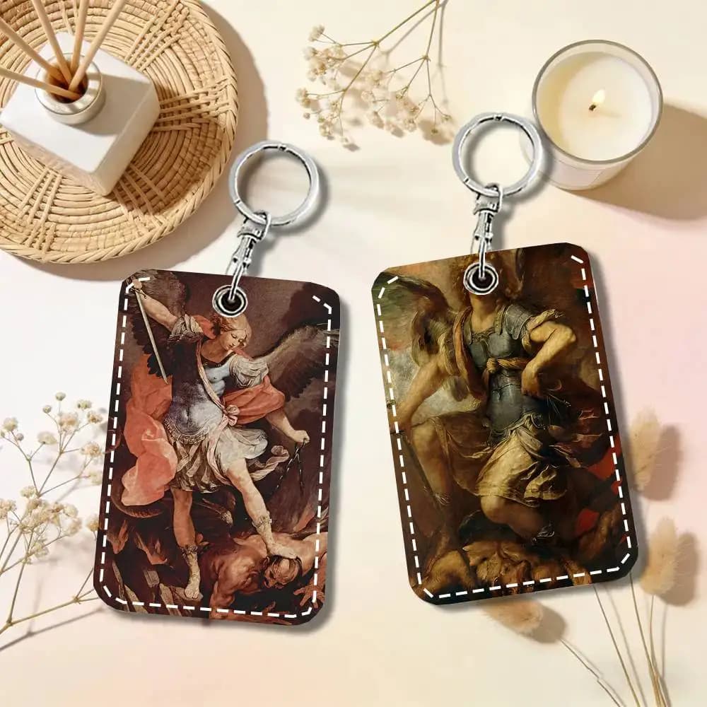 Portachiavi con custodia per carte a forma di angelo cristiano, porta tessere in pelle, anello portachiavi