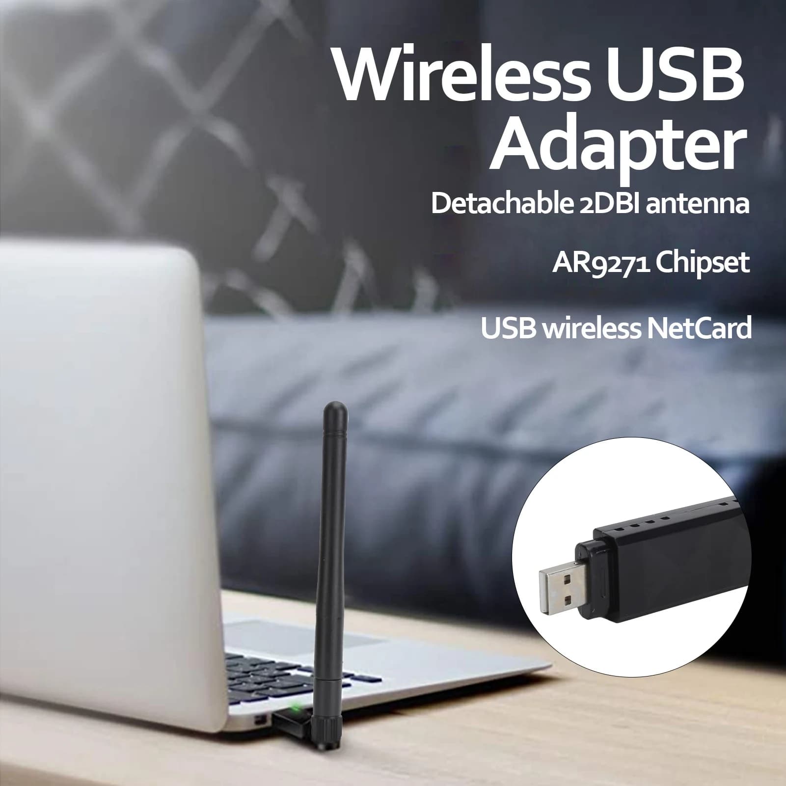 Adattatore WiFi USB Wireless NetCard AR9271 con Antenna Staccabile 2DBI per TV e Computer