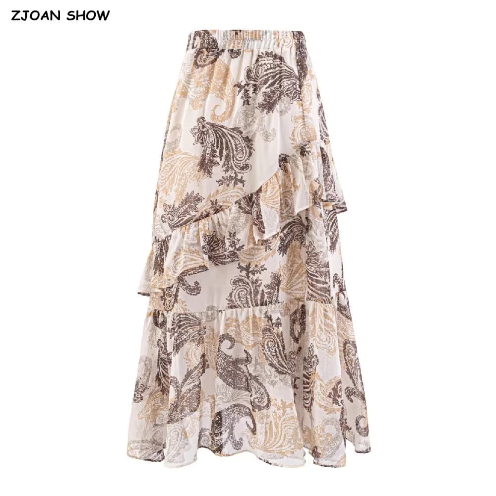 CHIC Gonna Lunga Maxi da Donna con Stampa Paisley Floreale Kaki, Orlo con Volant e Spacco, Vita Alta Elastica, Lunghezza al Pavimento, Modello Sakers