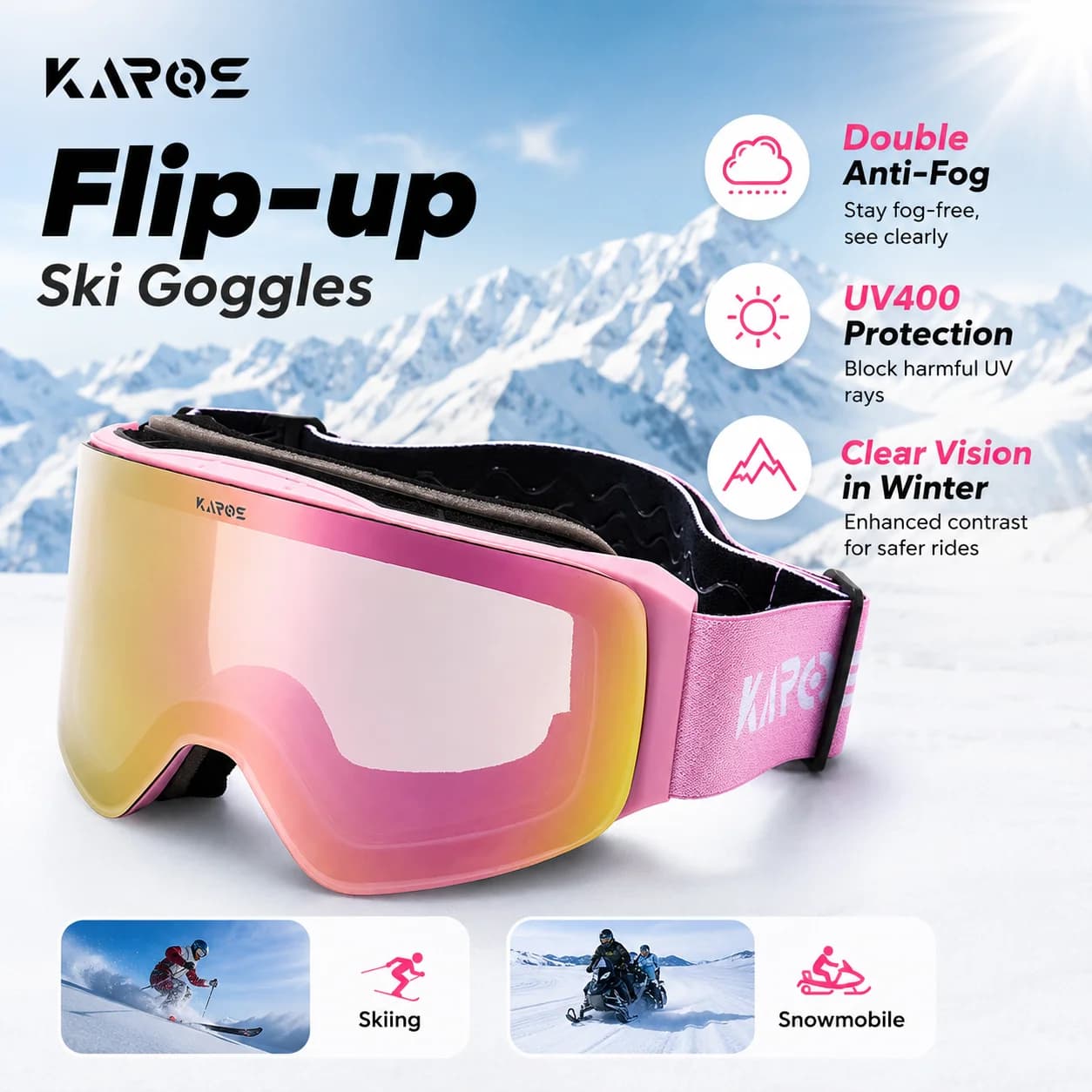 Karos Ski Goggles Flip-top Double Layer Anti-Fog UV400 Snow Glasses Winter Outdoor Sports Skiing Snowboard Snowmobile Eyewear