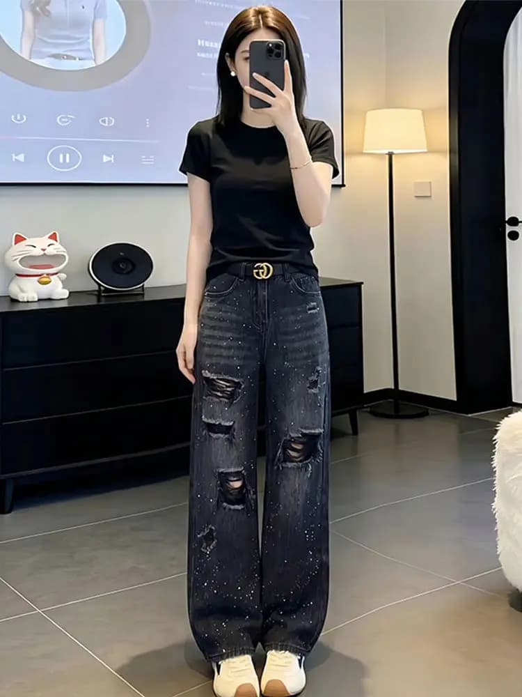American Style Slim Fit Sexy Top High Waist Straight Leg Jeans Two Piece Set Summer New Vintage Hole Denim Pants Women's Fash...