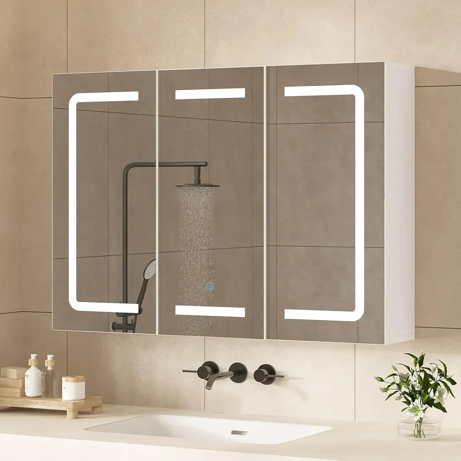 Medicine Cabinet Organizer with Mirror, Lighted Bathroom Medicine Cabinet with Storage, 3 Doors Bathroom Wall Cabinet with LED L
