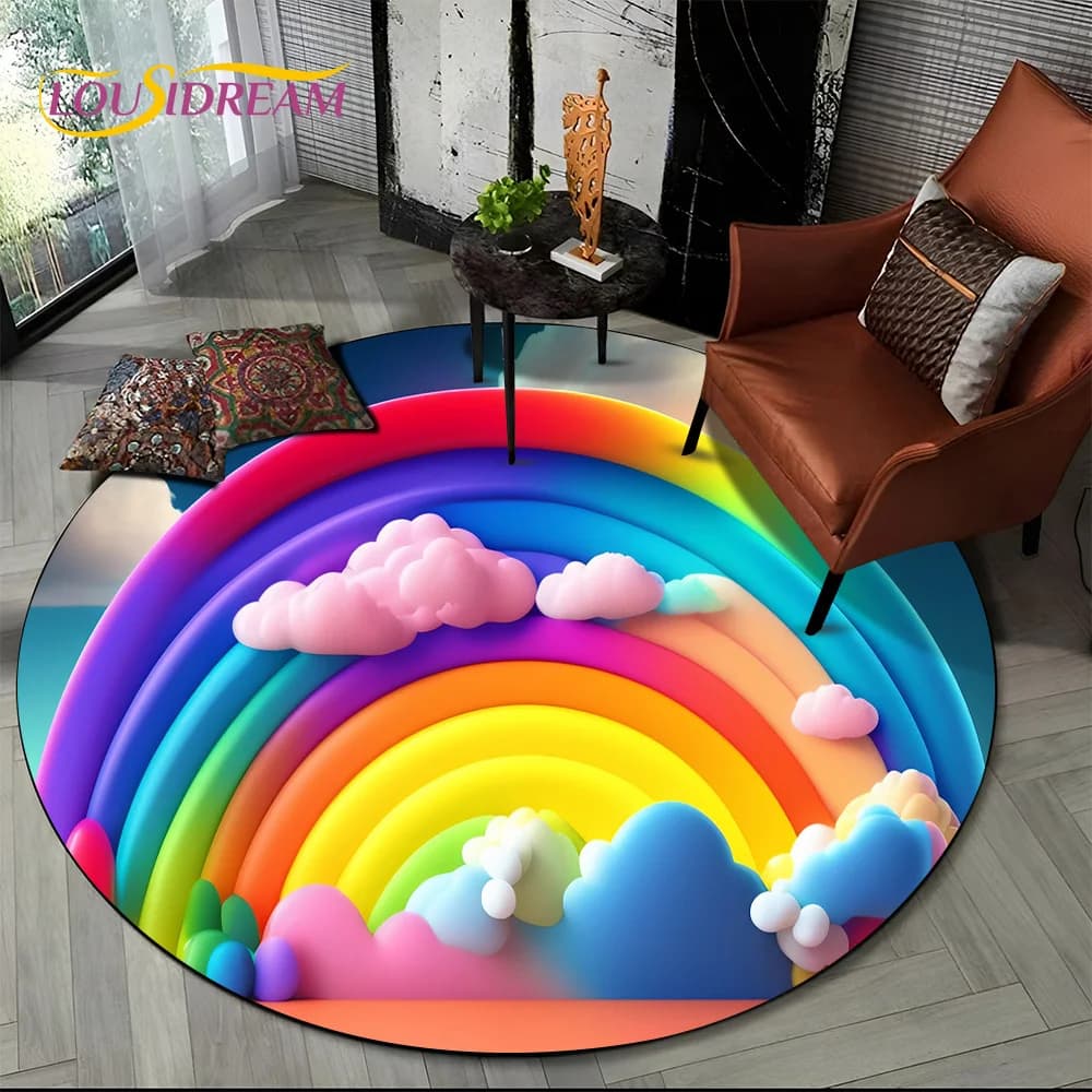 Colore Arcobaleno 3D Illusion Vision HD Cartoon Tappeto rotondo, Tappeto per soggiorno, camera da letto, divano, sala giochi, regalo antiscivolo