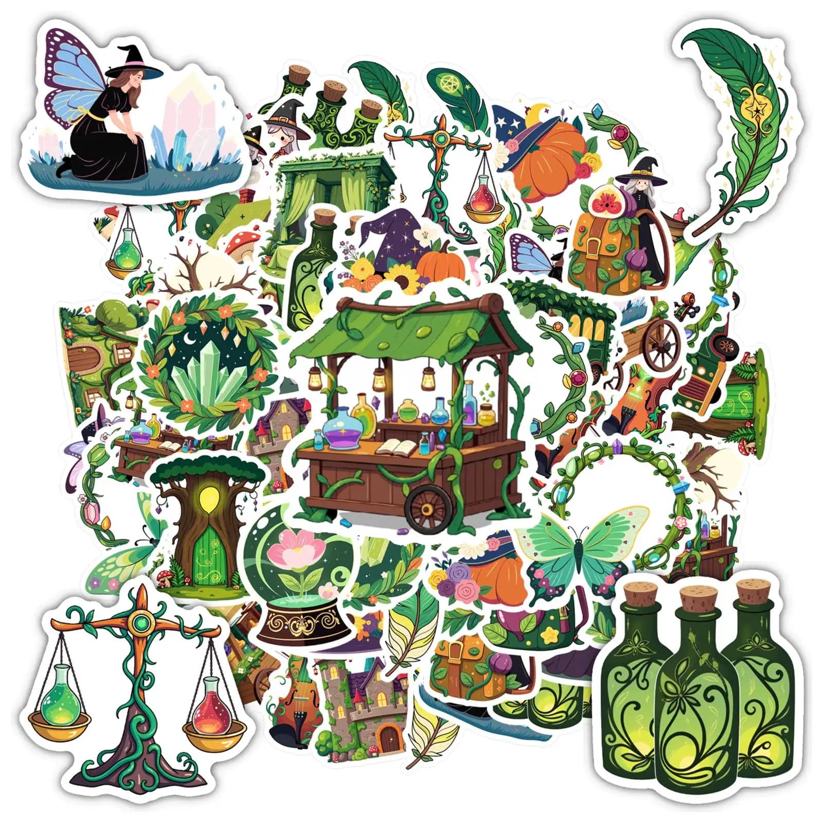 35pcs-50pcs Cartoon Floral Stickers Cute Witch DIY Stickers Sticker Pack For DIY Phone Guitar Laptop Notebook Suitcase Cup DIY