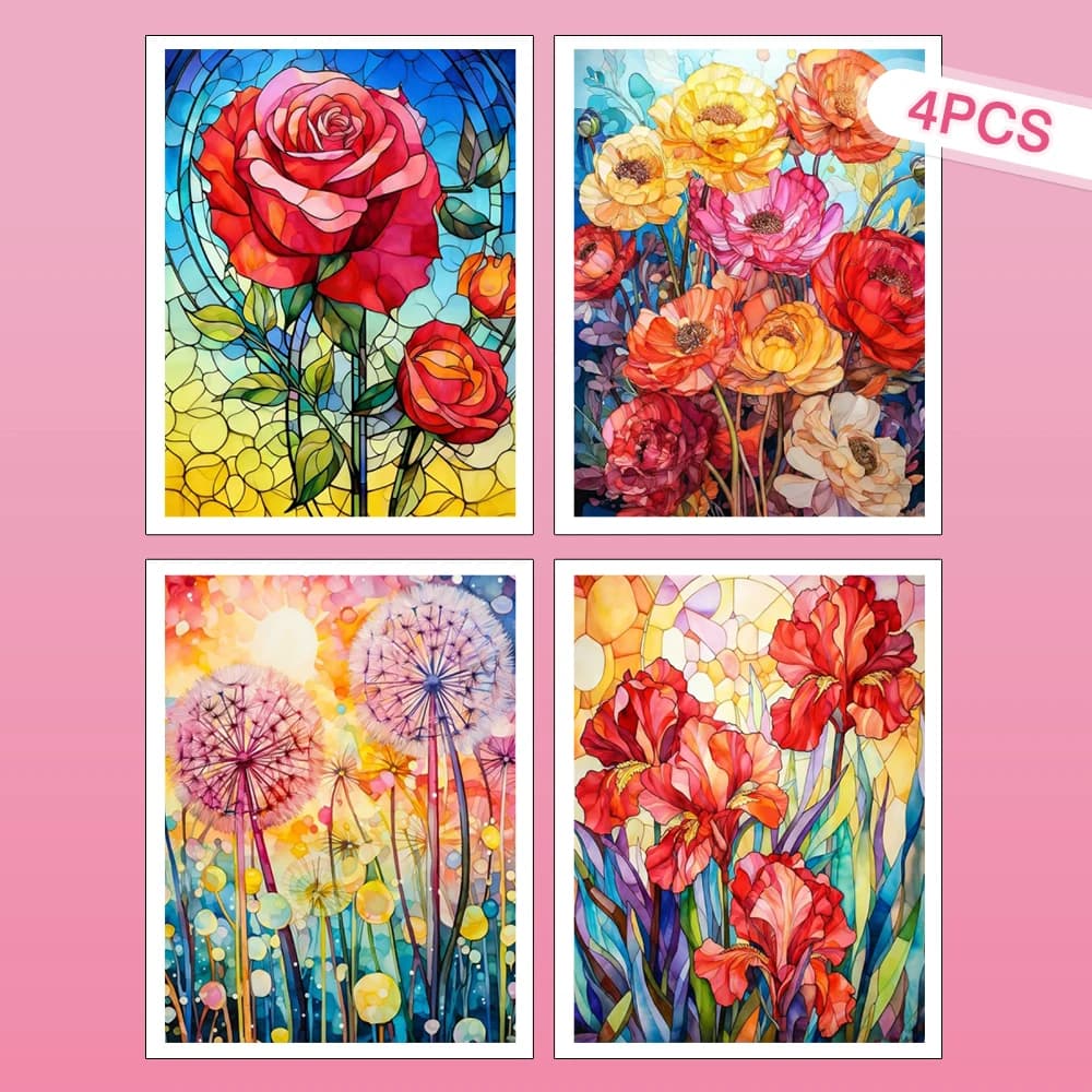 HUACAN 4PCS Full Round Drill Diamond Painting 5d Rose Flower Mosaic Diamond Art Kits New Dandelion Poppy Floral Home Decor