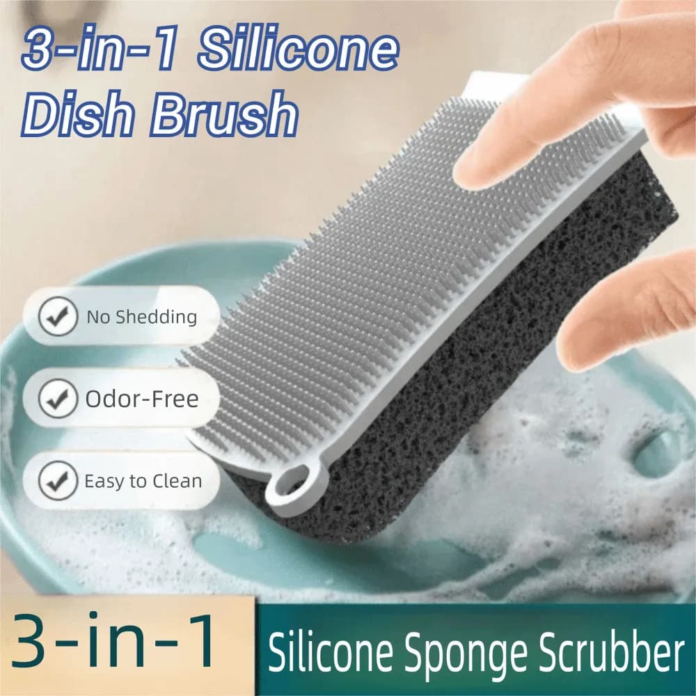 Strumento per la pulizia del lavaggio dei piatti con spazzola in spugna di silicone 3 in 1