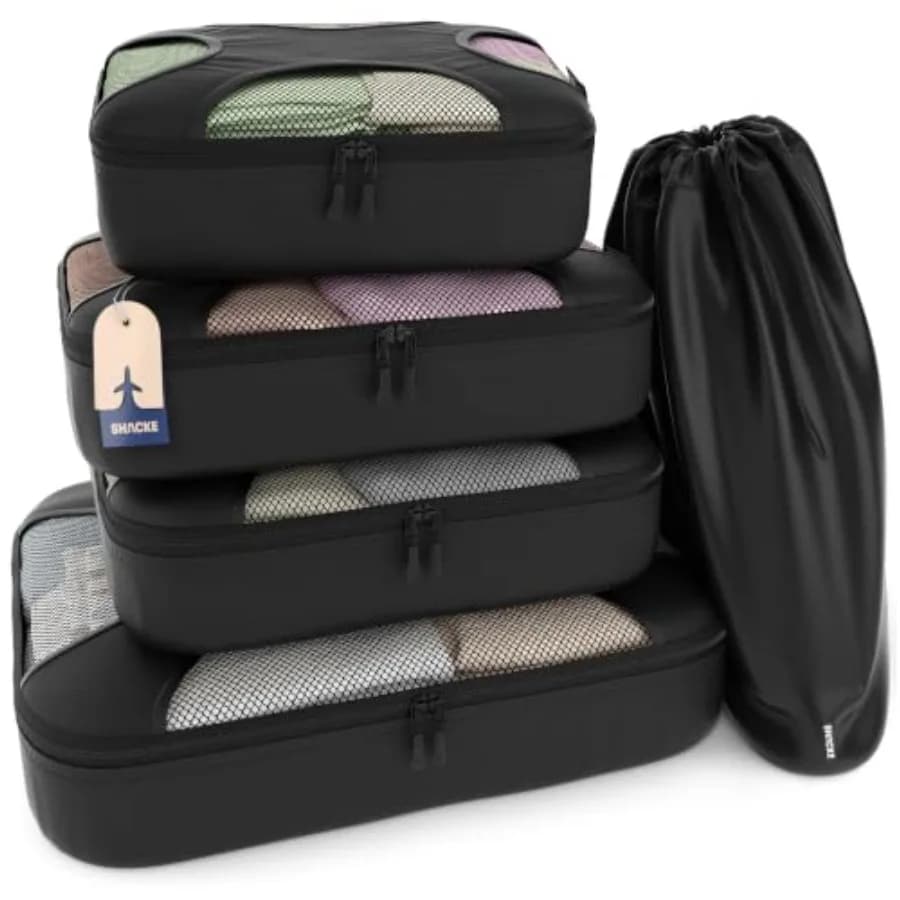 5 Set Packing Cubes for Travel with Laundry Bag Pure Black Suitcase Organizer Bags Set: 4 Water-Resistant Luggage Cubes, XL to