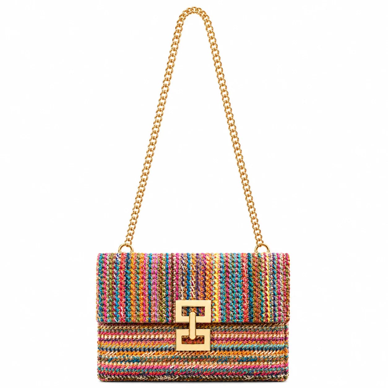 Women Straw Crossbody Bag Chain Flap Twist Lock Summer Vacation Shoulder Handbag Colorful Woven Purse