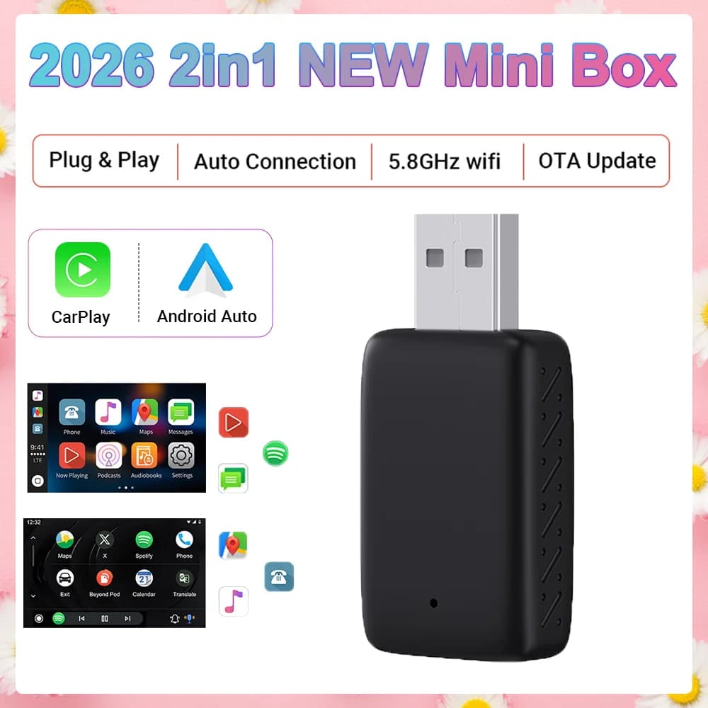 Adattatore Mini 2in1 per CarPlay, da cablato a wireless, compatibile con CarPlay e Android Auto, Smart Box con Bluetooth e WiFi, Plug&Play, adatto al 99% delle auto.