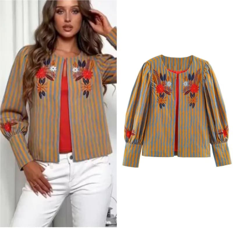 Women's Jackets Autumn New Striped Flower Embroidered Round Neck Long Sleeve Coats Fashion Causal Female Outerwear Chic Top