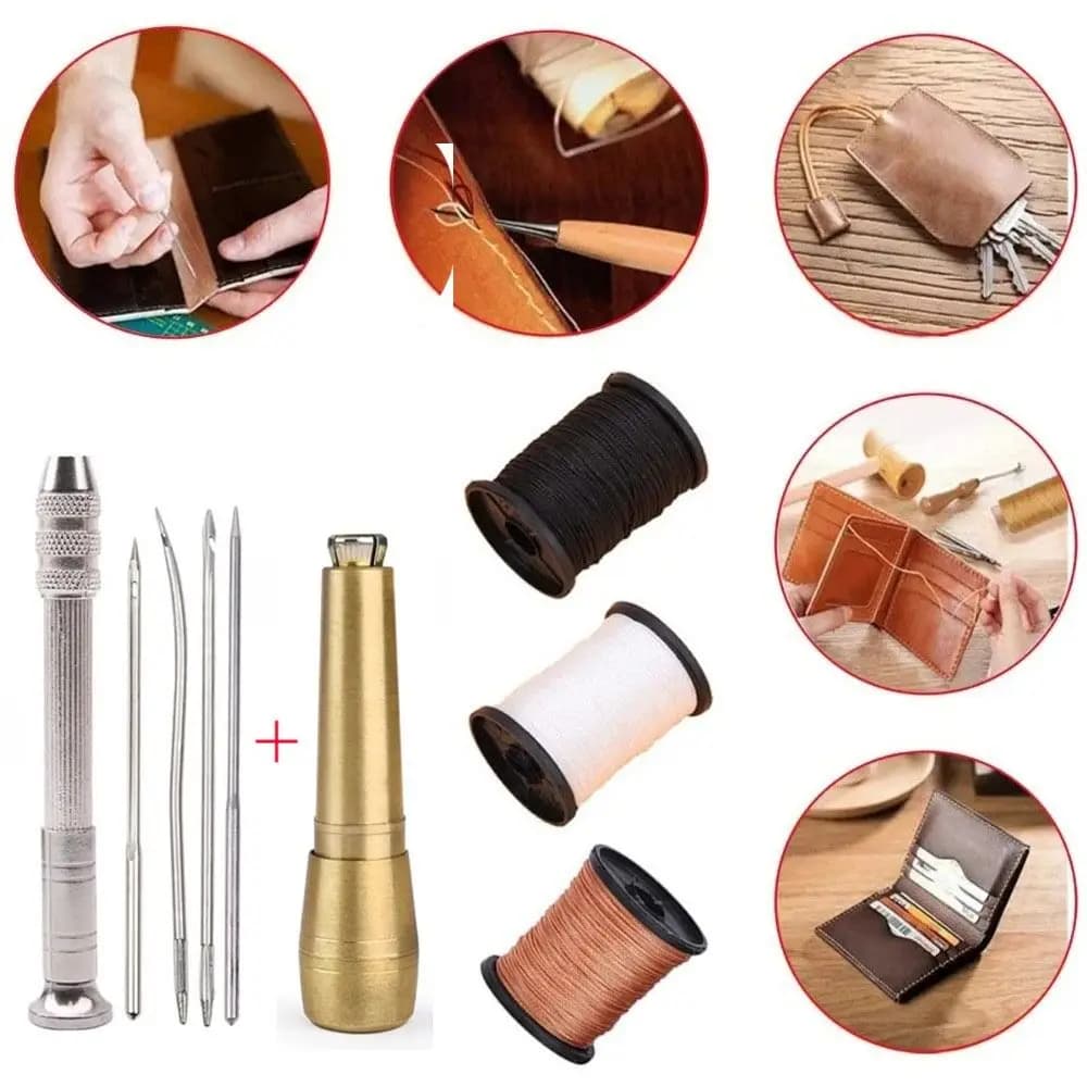 Set da 9 pezzi per cucito in pelle fai da te, kit di riparazione scarpe con ago dritto, filo da 50 m, strumento per riparazione scarpe, filo in nylon facile da usare