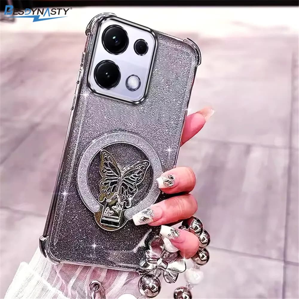 Bead Bracelet Butterfly Stand Phone Case For Xiaomi 15T Pro 14T 13T 12T 11 Lite 12 17 Pro Max Shockproof Glitter Silicone Cover