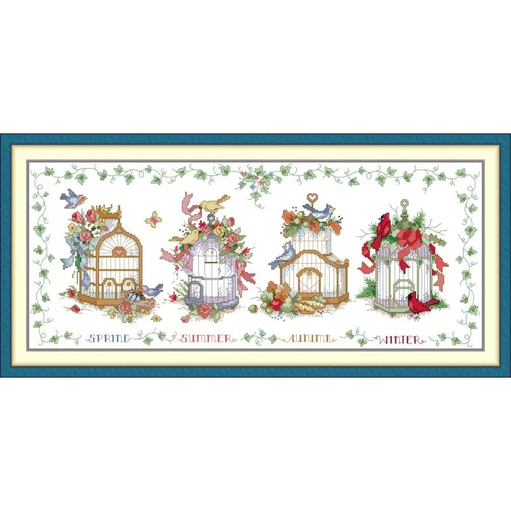 News Pre-Printed Cross Stitch Kit, Stamped Aida Fabric With DMC Threads, Embroidery Kit - Four Seasons Birdcage
