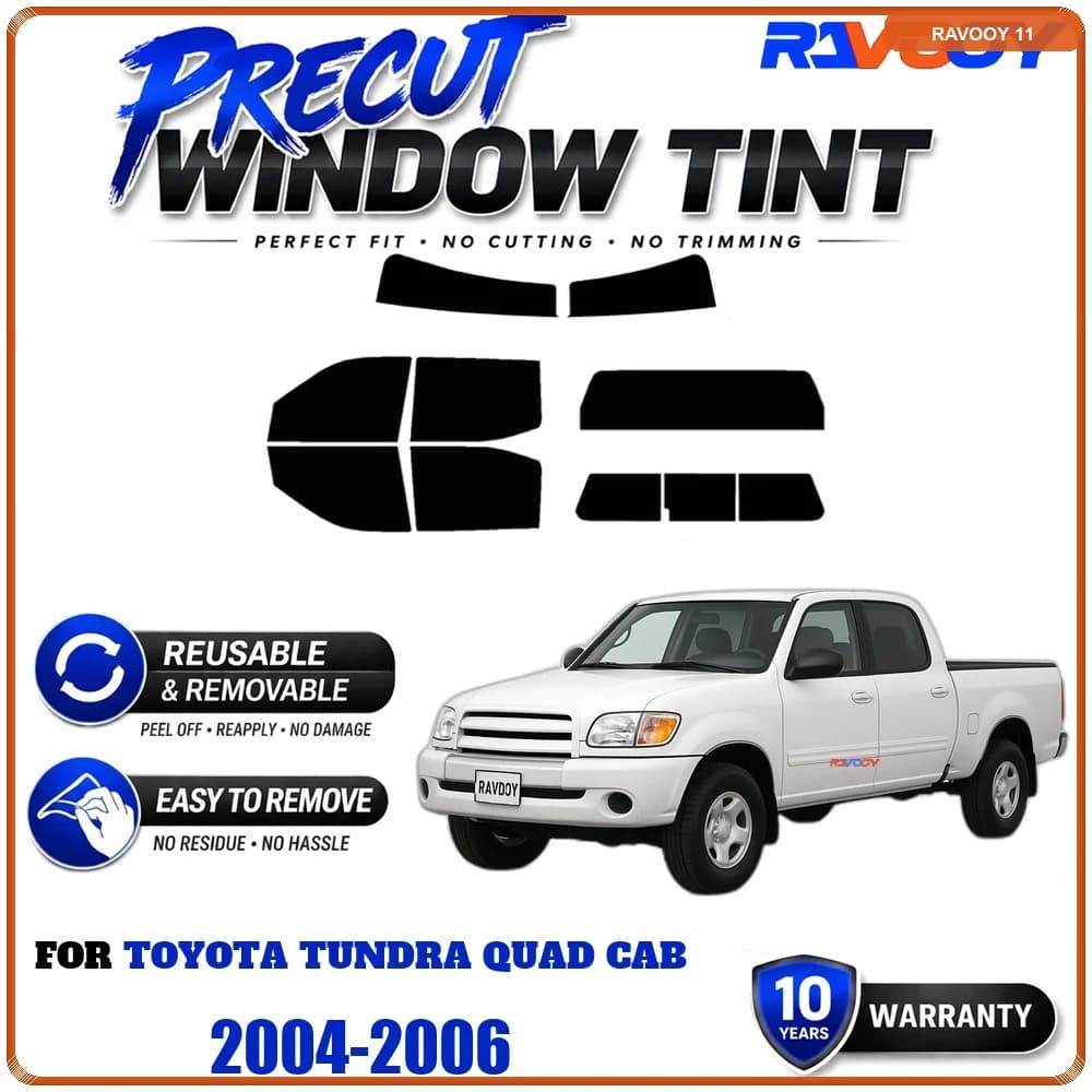 RAVOOY Precut Window Tint, Reusable Removable EPU Film, Custom Fit for Toyota Tundra Quad Cab 2004-2006, UV Heat Protection