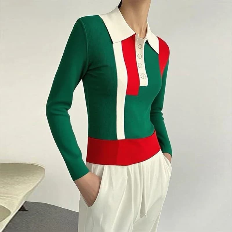 Maglione lavorato a maglia casual autunno inverno da donna 2025 Nuovo colore a contrasto con bottoni maniche lunghe pullover urbani polo per donna