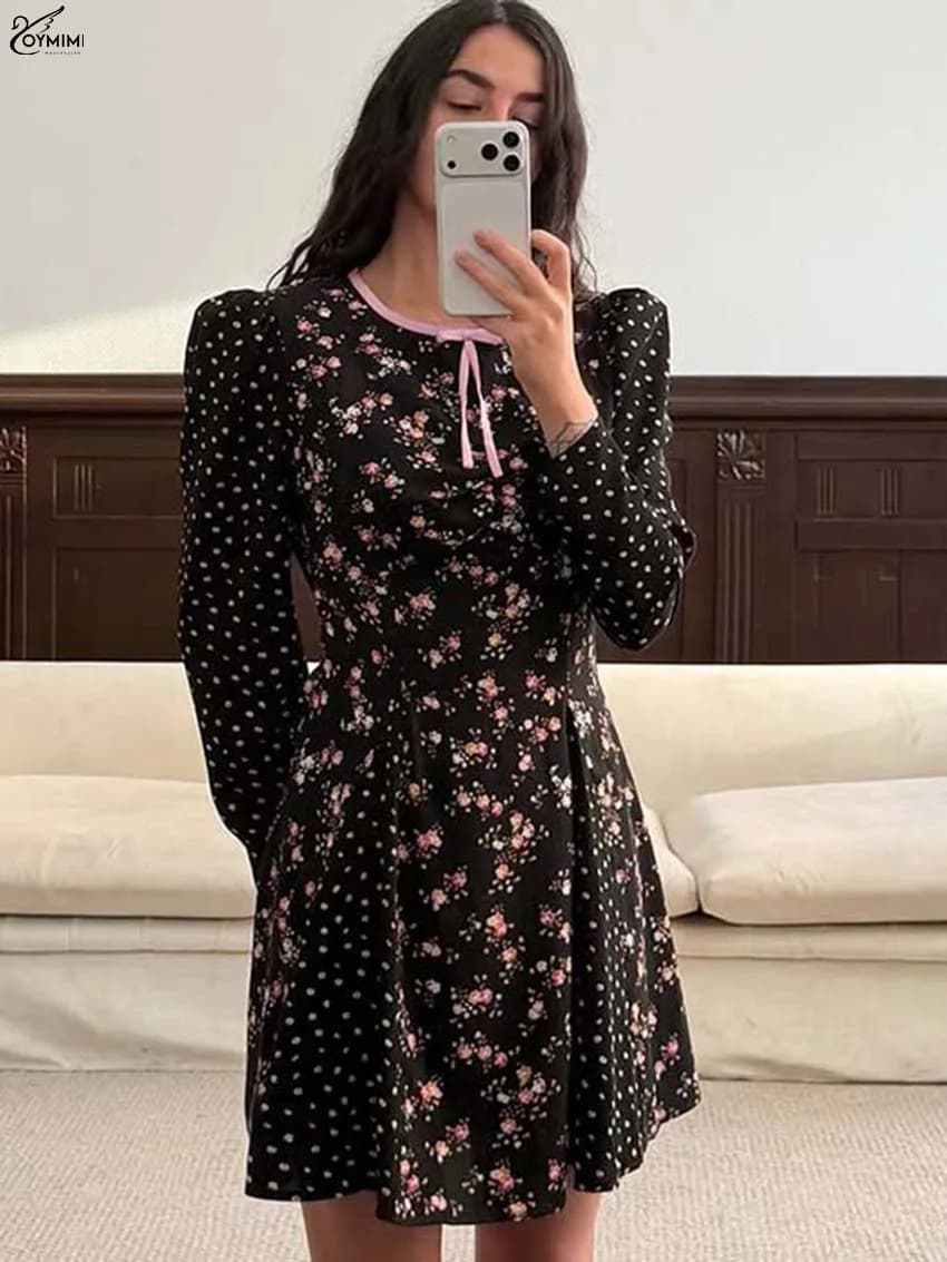 Oymimi Fashion Pink Print Dresses For Woman Elegant Satin Long Sleeve Lace-Up Patchwork Dresses Summer Loose Mini Dress Female