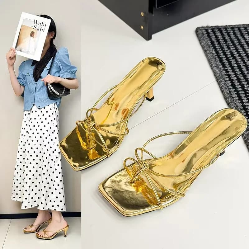 Sandali da donna con tacco alto, a punta quadrata e aperta, stile fatato, con cinturino sottile intagliato, Nuova Collezione Estate 2026