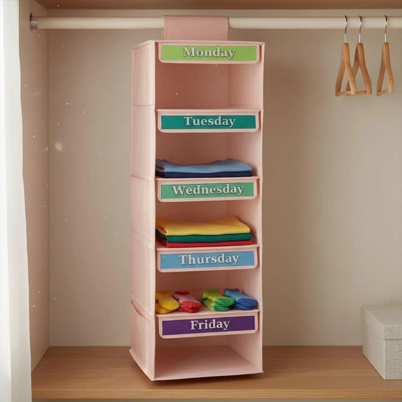 7Tiers Hanging Storage Bag Weekly Clothes Organizer Space Saving Foldable Closet Shelf for Kids Bathroom Snacks Toys Clothes