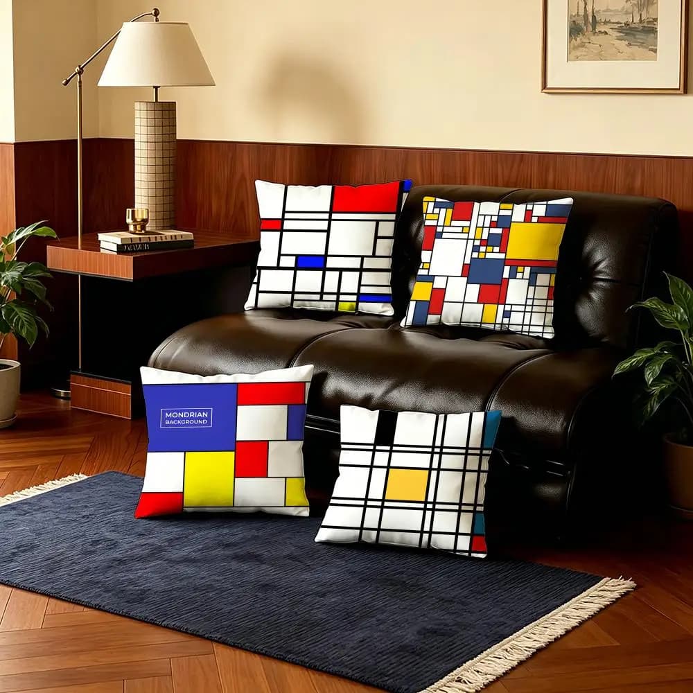 Fodere per cuscini astratte P-Piet Mondrian, set da 4 pezzi, in peluche corto ultra morbido, 40x40 45x45, stile Boho per divano e camera da letto