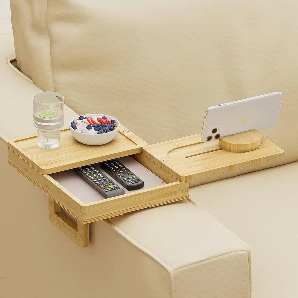 Couch Arm Tray with 2 Rotatable Trays, Adjustable Sofa Arm Clip Table with Storage Box & 360° Pen Holder, Armrest Table for Snac