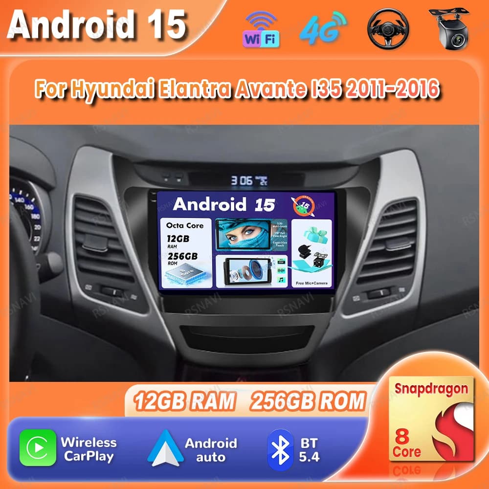 Autoradio Android 15 Per Hyundai Elantra Avante I35 2011-2016 4G LTE GPS Wireless Carplay Auto Viedo Lettore Autoradio BT DVD DSP
