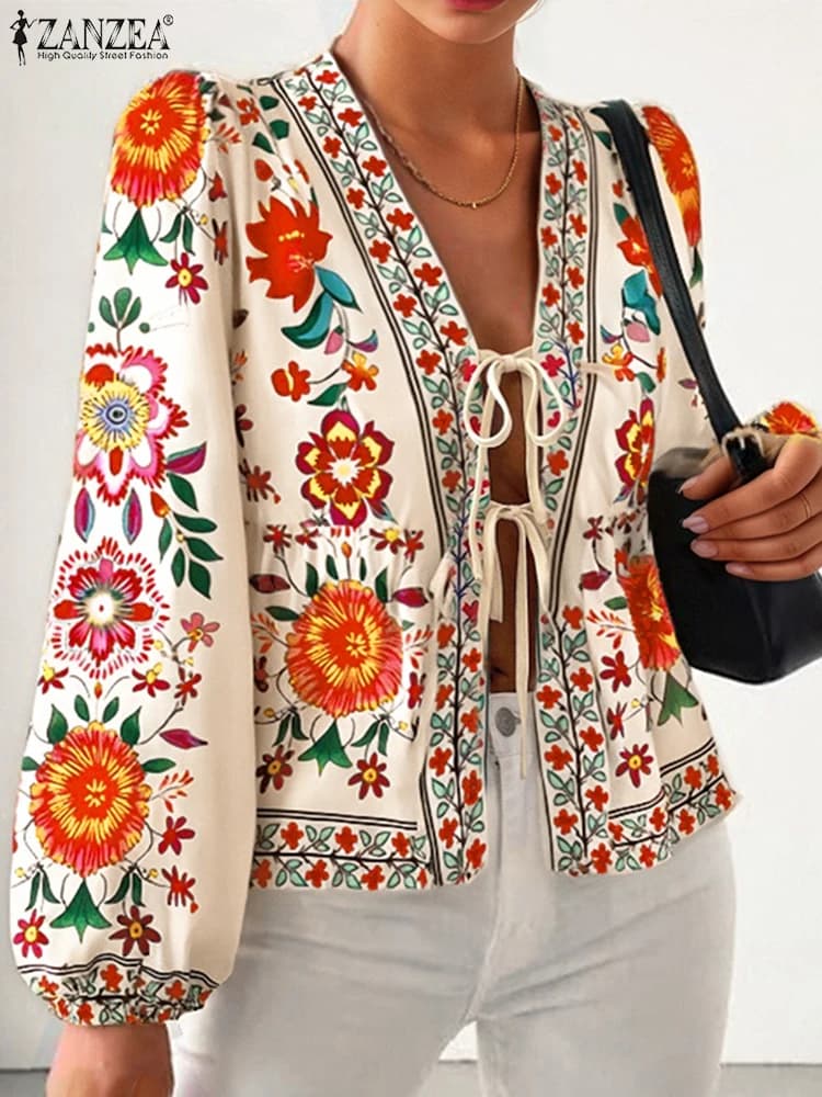 Printed holiday shirt bohémien Summer shirts for women ZANZEA 2025 Fashion Blusas long sleeves Female floral Tunica Cardigan Top