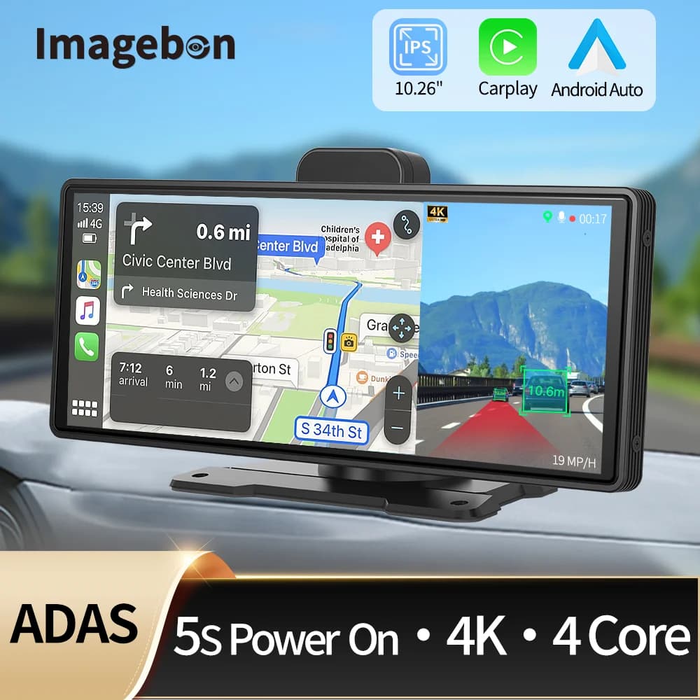 Imagebon 10.26" H9 Pro 4K Dash Cam ADAS Wireless CarPlay Android Auto Telecamera DVR per Auto AUX 5G WiFi GPS Navigazione Registratore Video