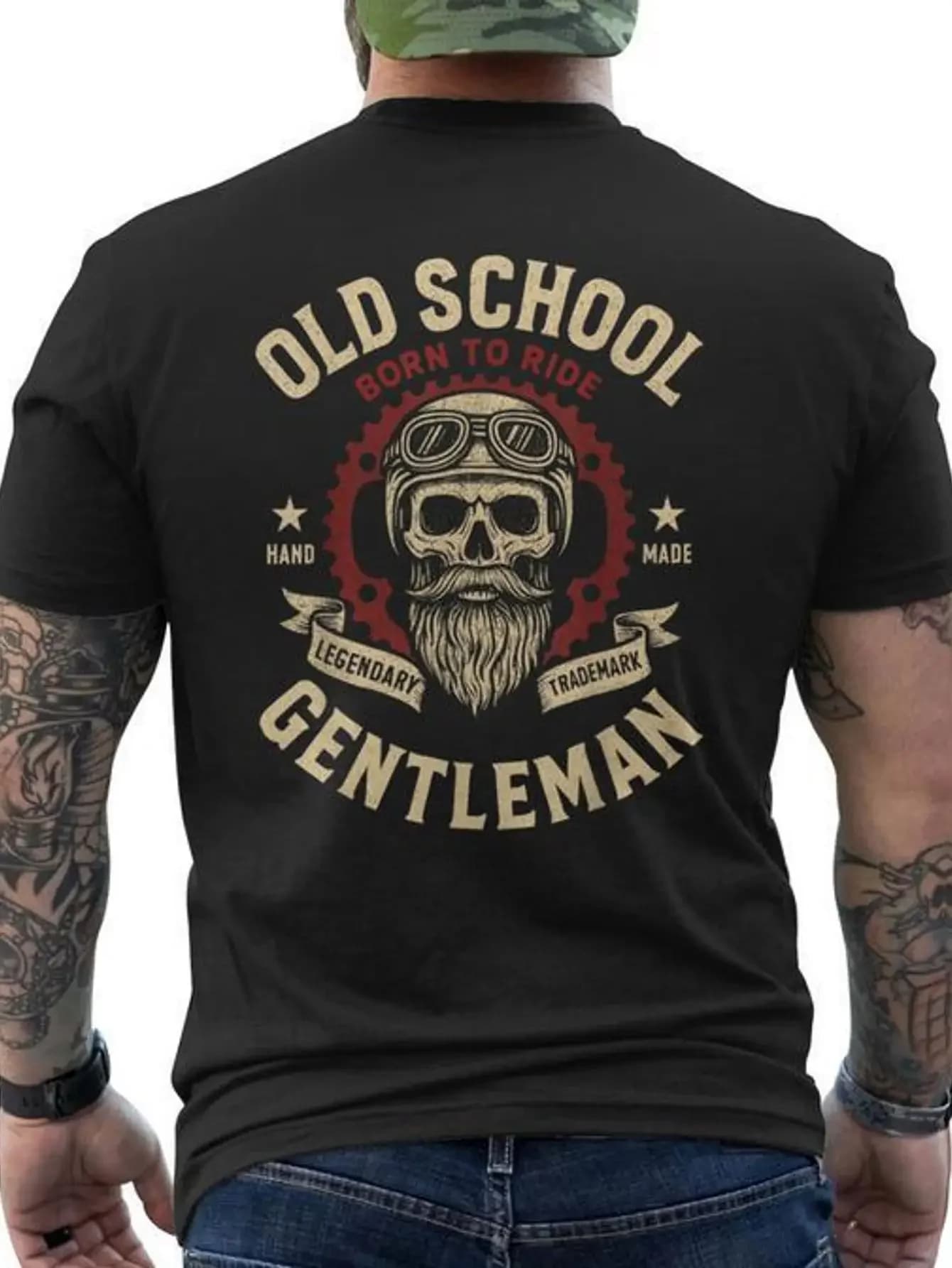 Moterointage Men's Retro Motorcycle Graphic T-Shirt- Back-printed Crew Neck T-shirt with Skull and Born To Ride Design