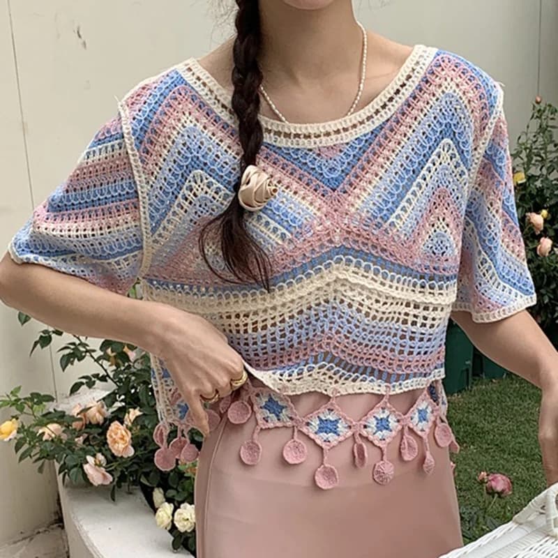 Pastel Short Sleeve Crochet Knit Top Sheer Open-knit Fringed Crop Blouse for Women Teengirl Summer Boho Vacation Beach Wear