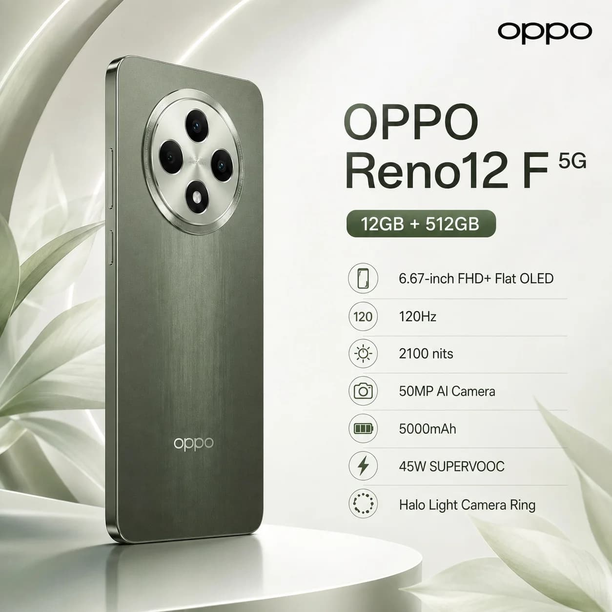 OPPO Reno12 F 5G Phone 12GB+512GB, Dimensity 6300, 120Hz OLED Screen, 50MP AI Triple Camera, 5000mAh, 45W SUPERVOOC, NFC