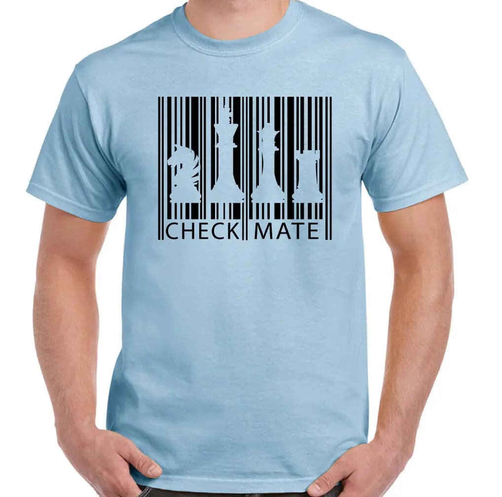 T-shirt da uomo a tema scacchi con codice a barre, divertente, per giocatori di scacchi, con pezzi e orologio timer