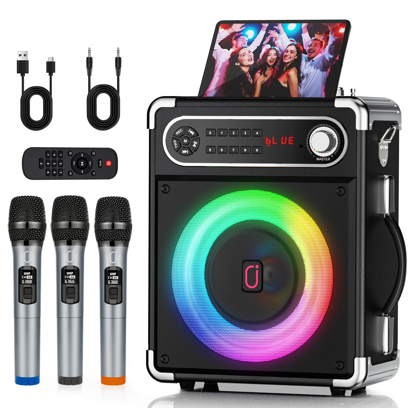 Macchina per karaoke S55 con 2 microfoni wireless, altoparlanti Bluetooth portatili con regolazione dei bassi/acuti, sistema Pa, telecomando