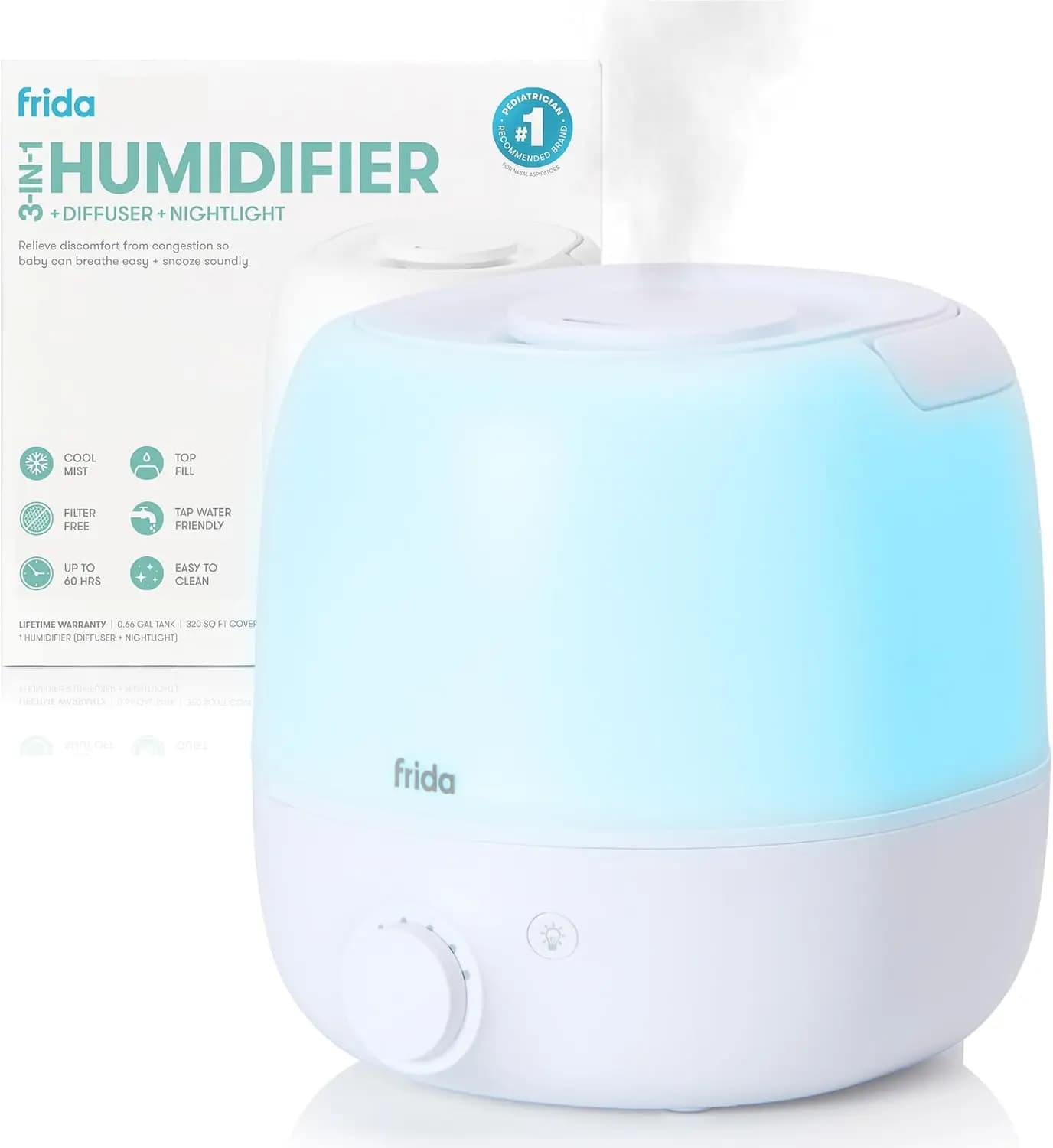 Umidificatore a Nebbia Fredda 3-in-1 per Grandi Ambienti, Design con Caricamento dall'Alto, 60 Ore di Autonomia con Luce Notturna e Spegnimento Automatico