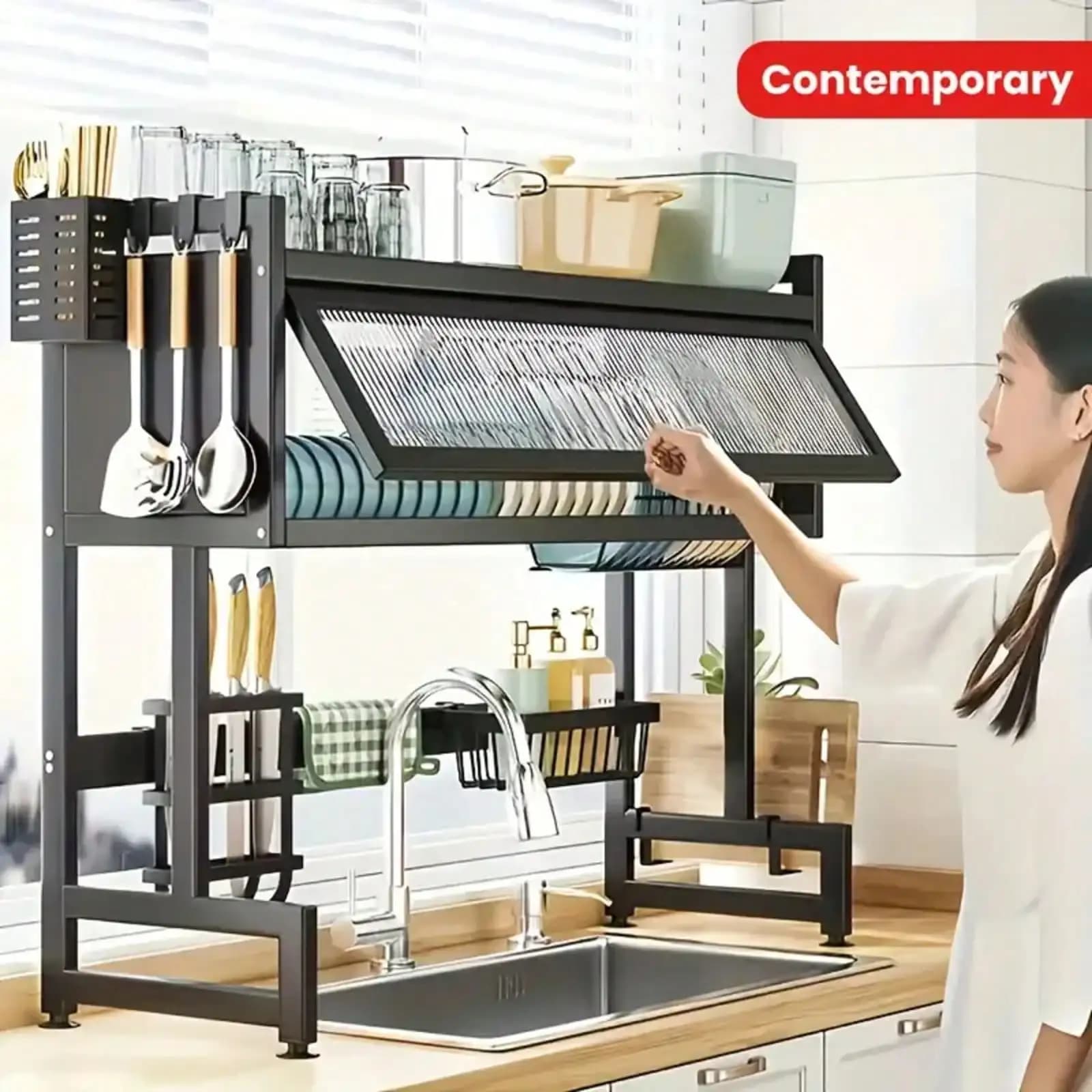 Double-Layer Kitchen Counter Dish Rack; Kitchen Counter Dish Drainer With Drip Tray; Metal Kitchen Dish Rack With Drip Tray