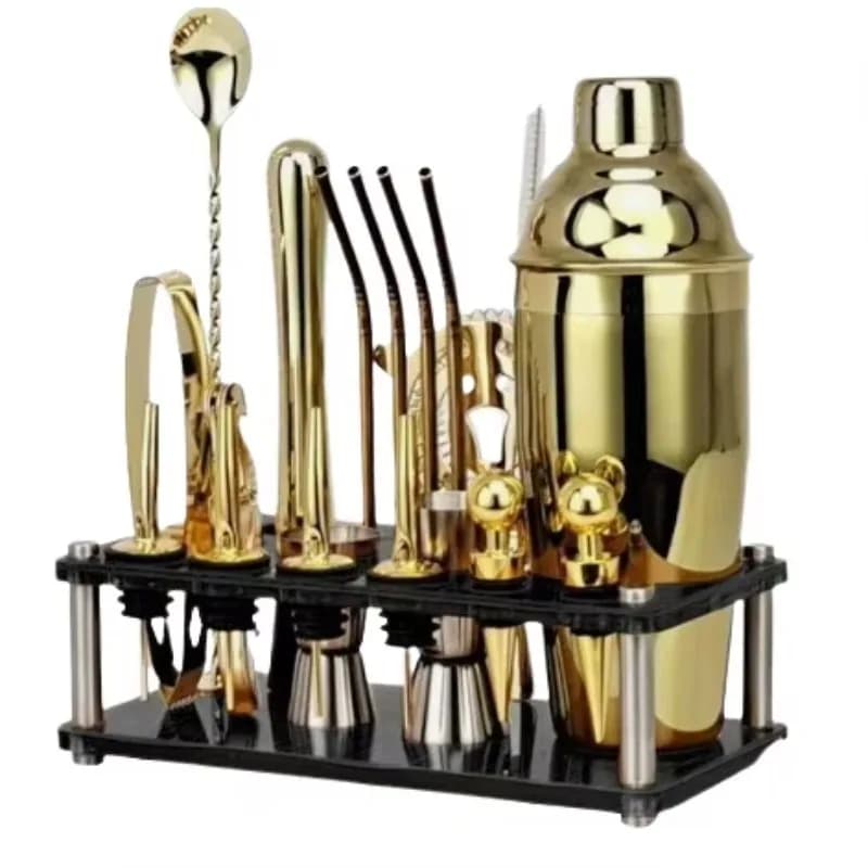 Professional Stainless Steel Barware Cocktail Kit Bartender Shaker Set with Stand Metal Tools