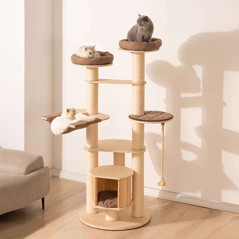 Luxury Multi Platform Birch Wood Washable Hemp Rope Sisal Column Condo Pet Climbing Furniture Cat Tree Tower Indoor