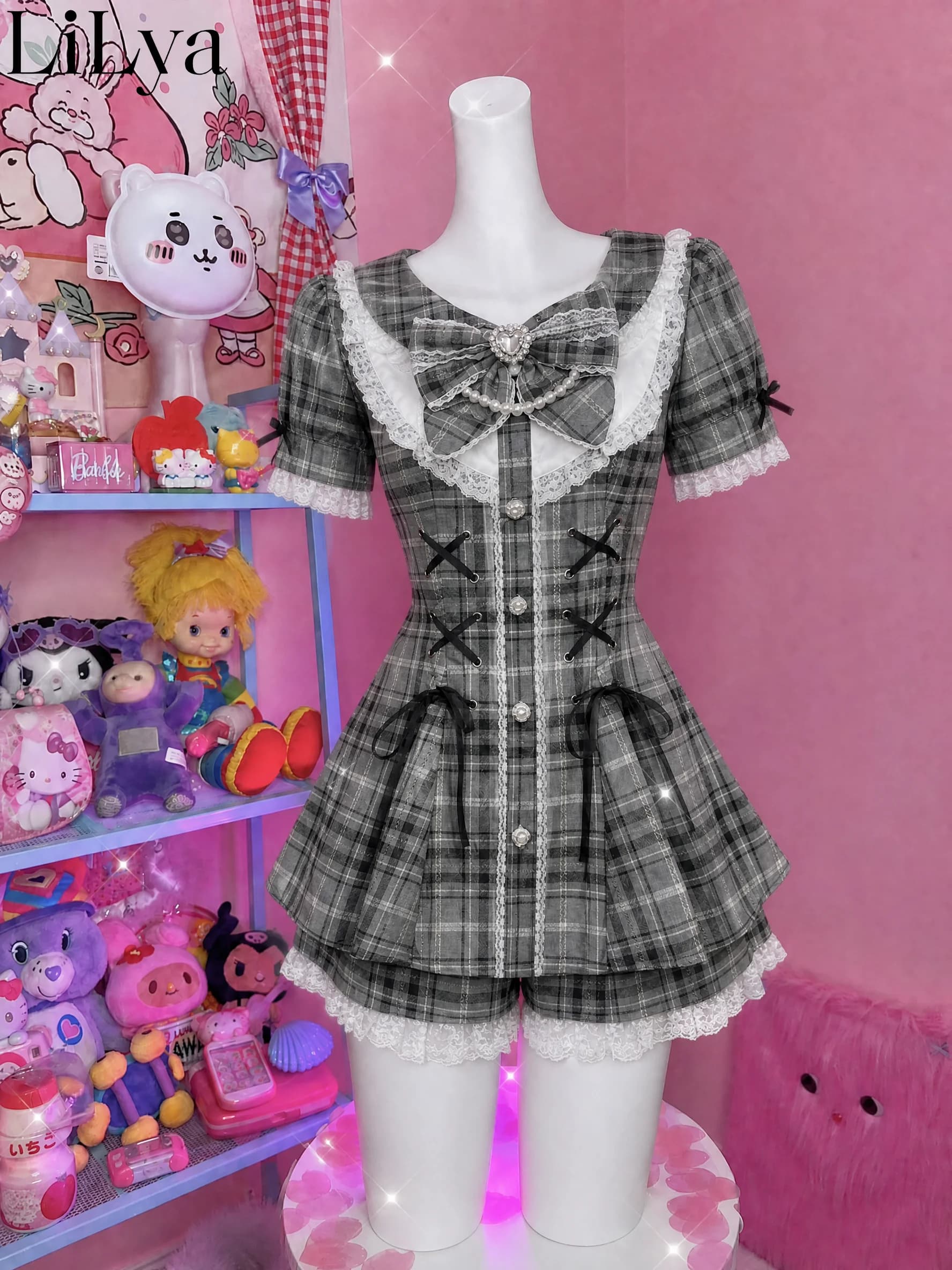 Kawaii Short Sleeve Skirt Sets Women Y2k Aesthetic Slim High Waist New Dress Suit Gray Check Chic Jirai Kei 2 Piece Sets Summer