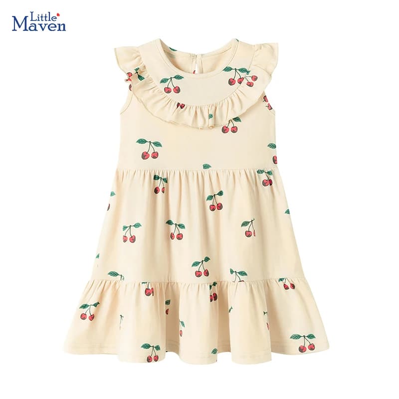 Little maven Children's Clothing Baby Girls 2026 New Summer Casual Kids Clothes Princess Cartoon Cherry Dresses 2-7 Years