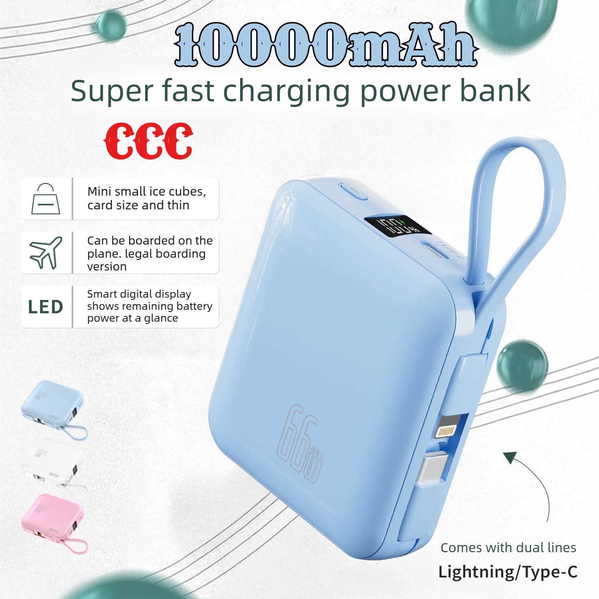 Power Bank 22.5W 10000mAh Certificato CCC, Ricarica Super Veloce, Display Digitale Intelligente con Cavo per iPhone Xiaomi Samsung