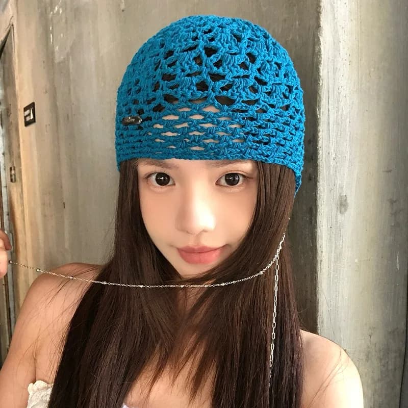 Niche Chain Tassel Design Crocheted Hollow-out Beanies for Women Spring Summer Travel Sweet Versatile Breathable Pullover Hat
