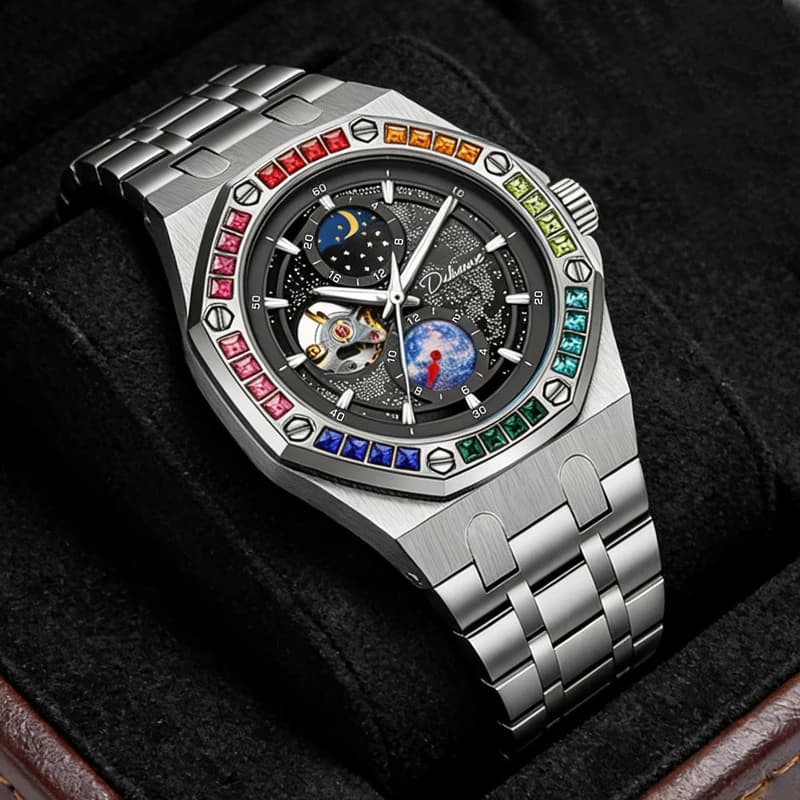 Orologio Meccanico Automatico con Gemme Arcobaleno per Uomo, Cassa in Acciaio Inossidabile, Stile Lussuoso e alla Moda, Impermeabile 30M, Regalo per Uomini